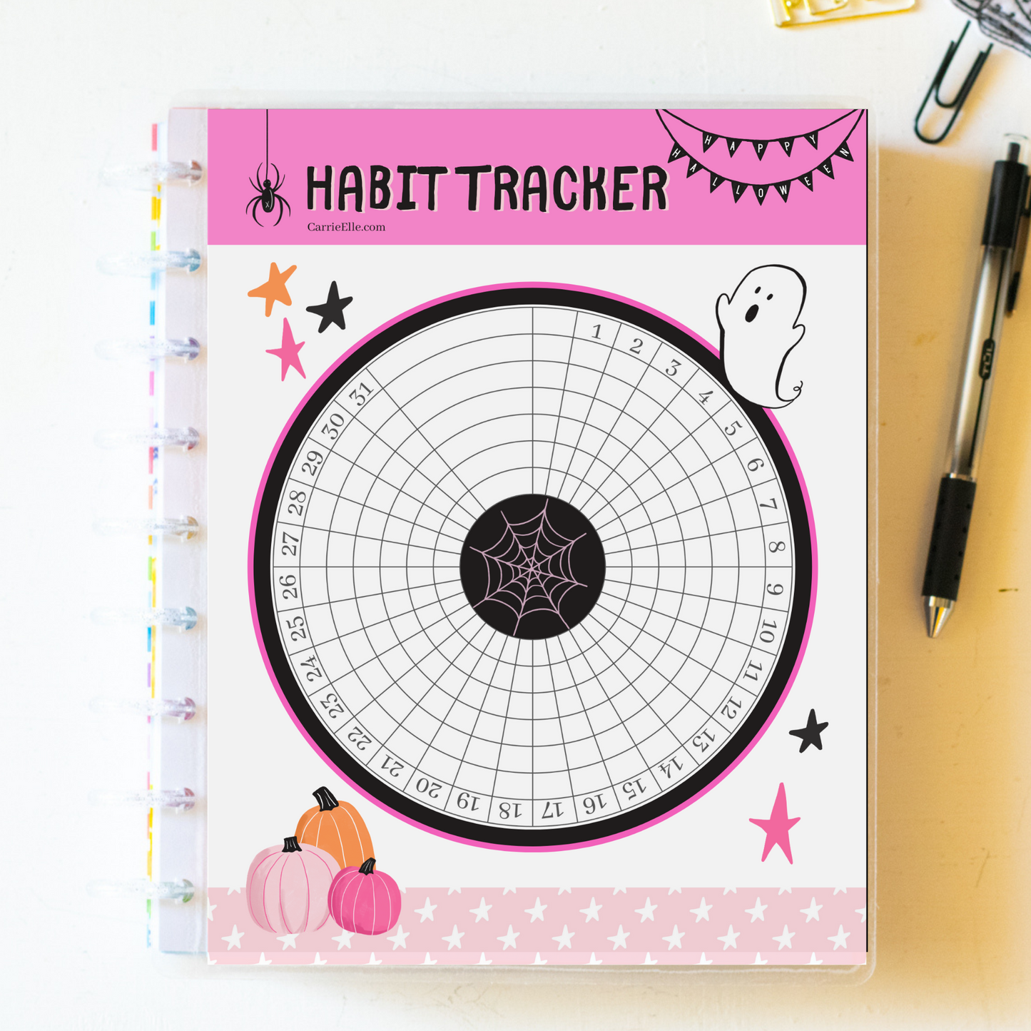 Printable Pink Halloween Circular Monthly Habit Tracker for Happy Planner