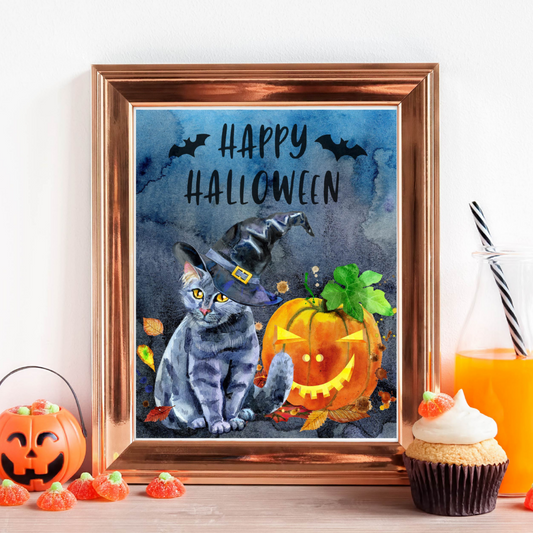 Printable Happy Halloween Black Cat 8x10 Wall Art