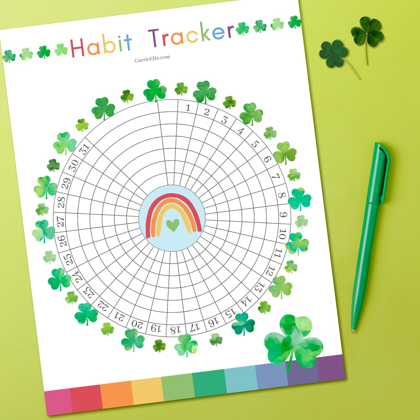 Printable Rainbow Shamrock Circular Monthly Habit Tracker for Happy Planner